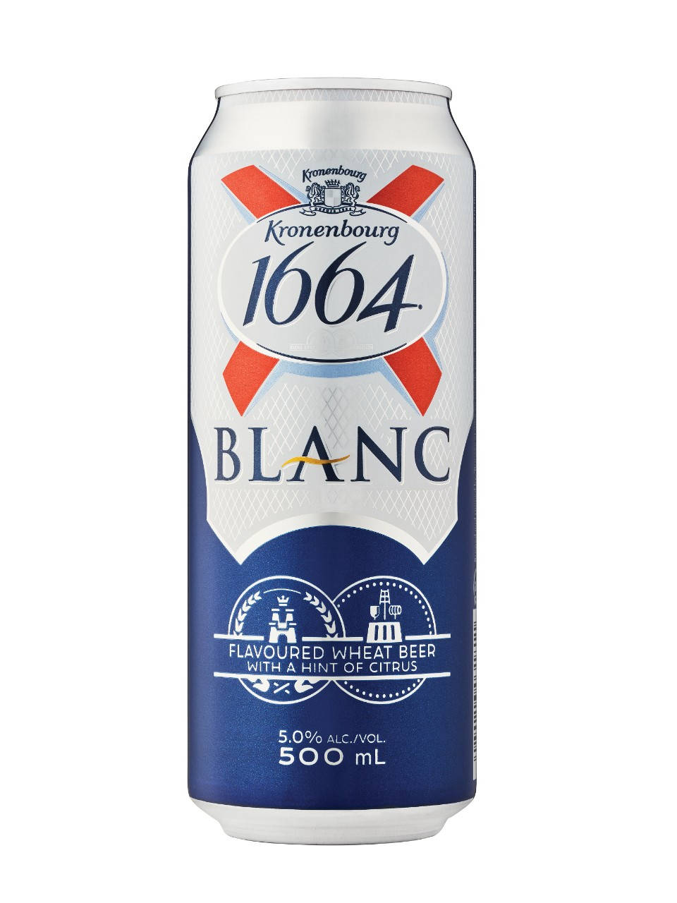 Kronenbourg 1664 Blanc 啤酒罐，柑橘風味，酒精含量5%。