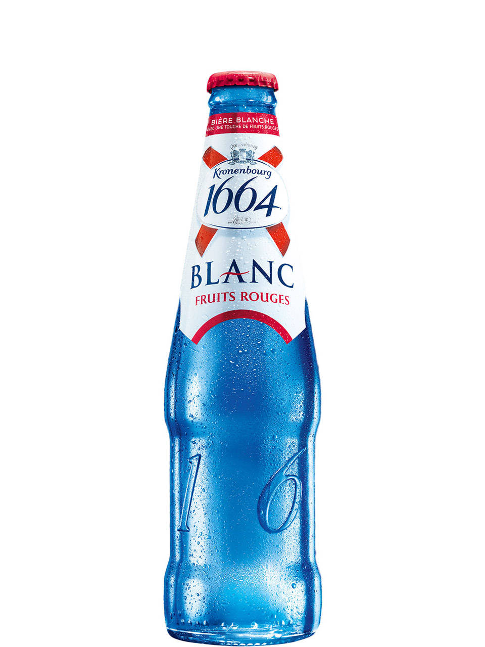 冰凍的Kronenbourg 1664 Blanc Fruits Rouges啤酒瓶，帶有冷凝水珠