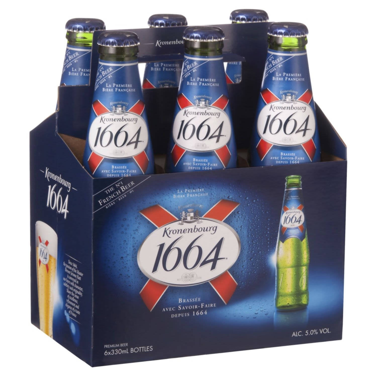 六瓶Kronenbourg 1664啤酒，裝在一個帶有品牌標識的紙板提架中，帶有冷凝水滴。