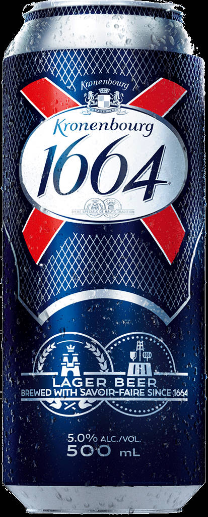 冰涼的Kronenbourg 1664啤酒罐，帶有冷凝水滴。