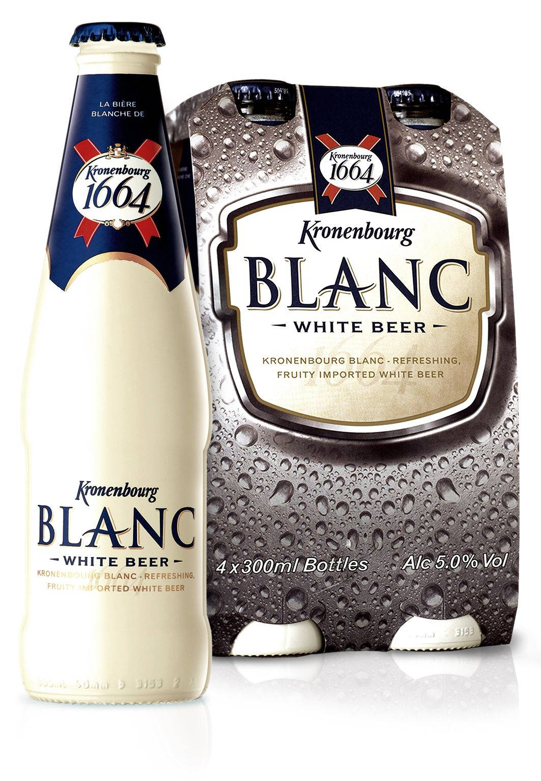 冰凍的Kronenbourg Blanc白啤酒瓶和四罐裝，帶有冷凝水滴。