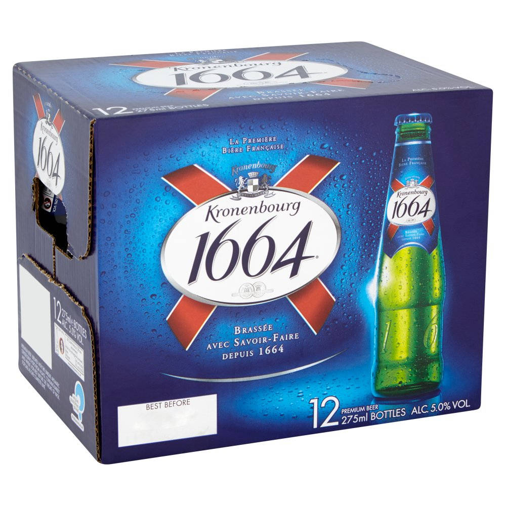 Kronenbourg 1664啤酒盒，帶有綠色瓶子和冷凝水滴。
