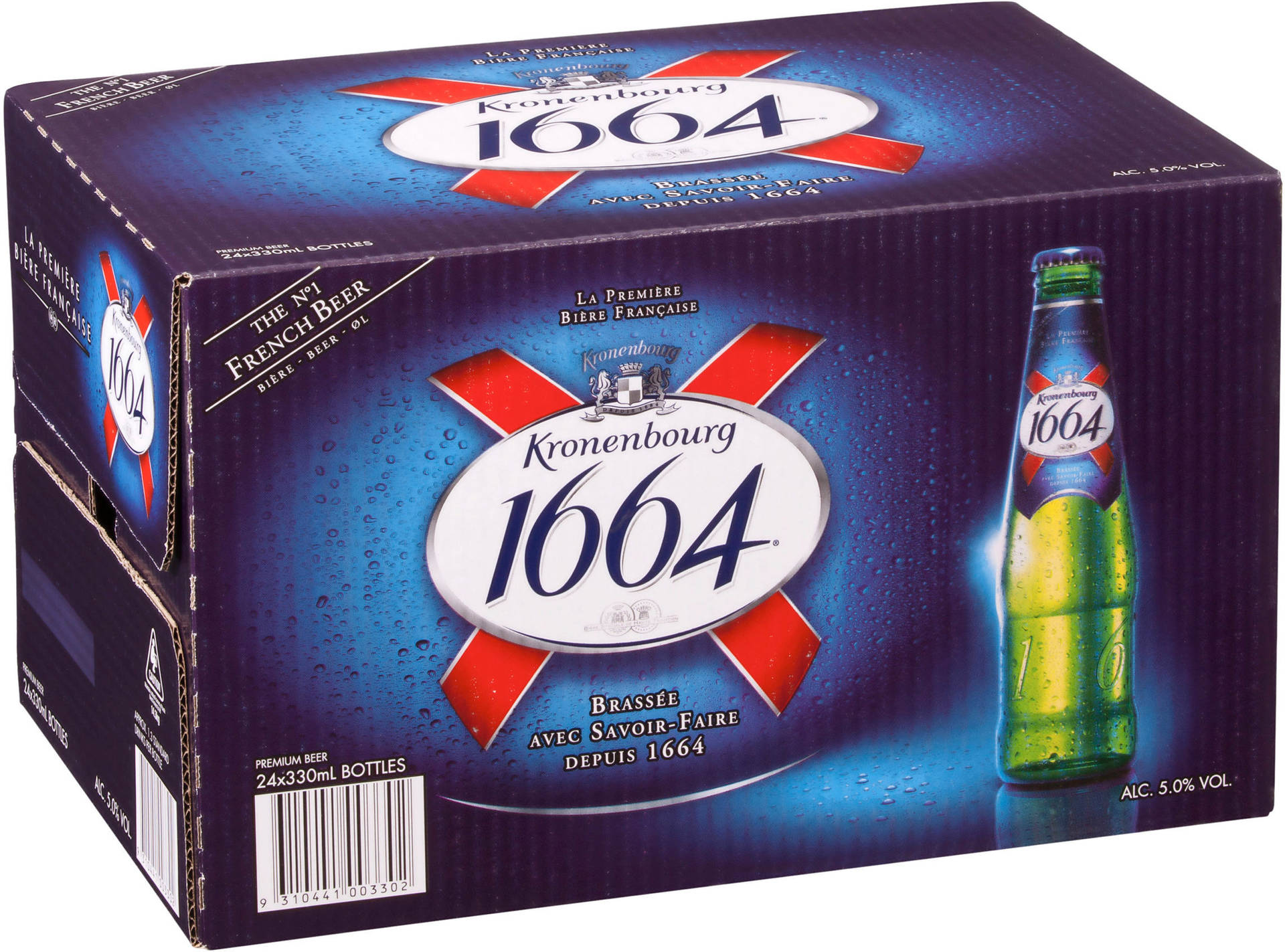 Kronenbourg 1664啤酒盒，帶有冷凝水和瓶子圖像。
