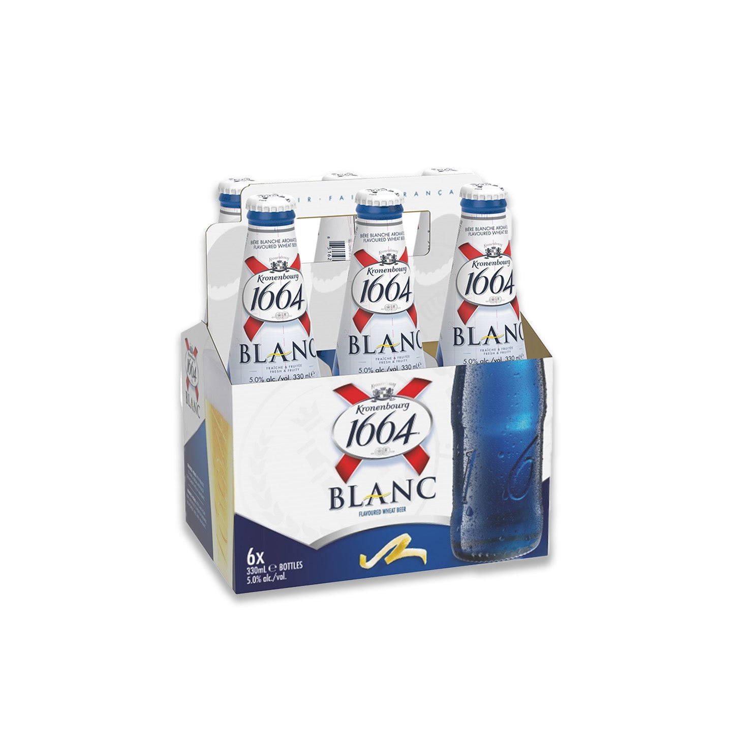 六罐裝Kronenbourg 1664 Blanc啤酒放在紙板托架上，有冷凝水。