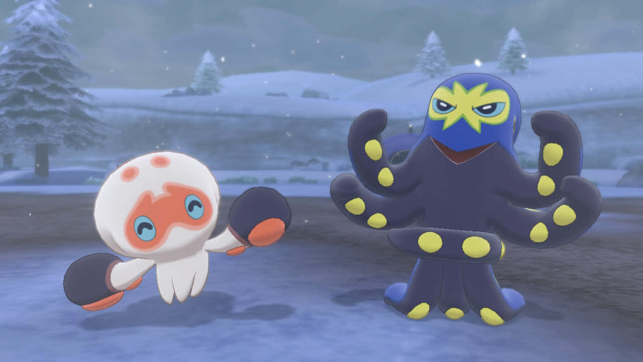 克羅布波斯與格拉普洛克特 壁紙 — 兩隻卡通章魚寶可夢在雪地裡，松樹下，多雲的天空下對峙。