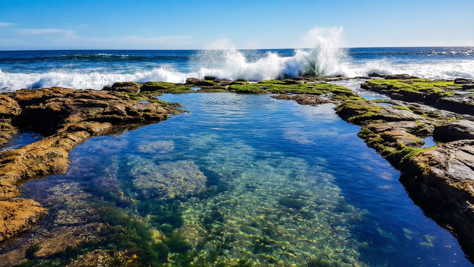 潮汐池，清澈藍色海水，周圍是長滿苔蘚的岩石和洶湧的海浪