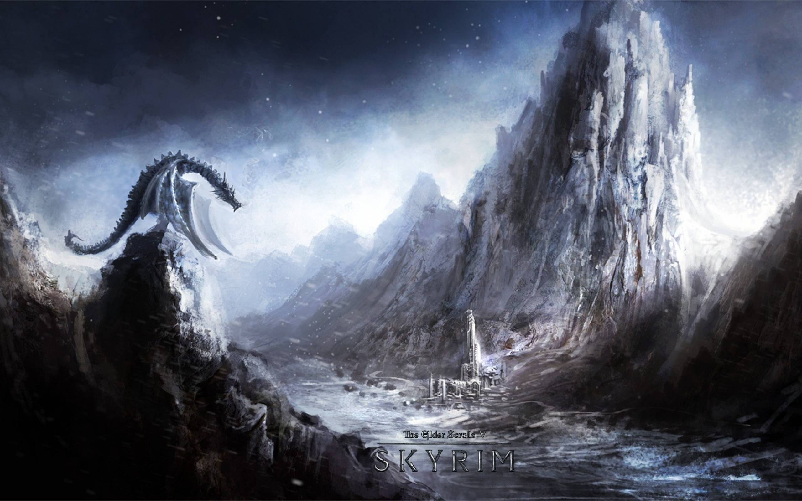 克羅蘇拉哈冰龍 壁紙 — 一條雄偉的龍棲息在白雪覆蓋的懸崖上，俯瞰著一個冰封的山谷，遠處有一座城堡，在繁星點點的夜空下。