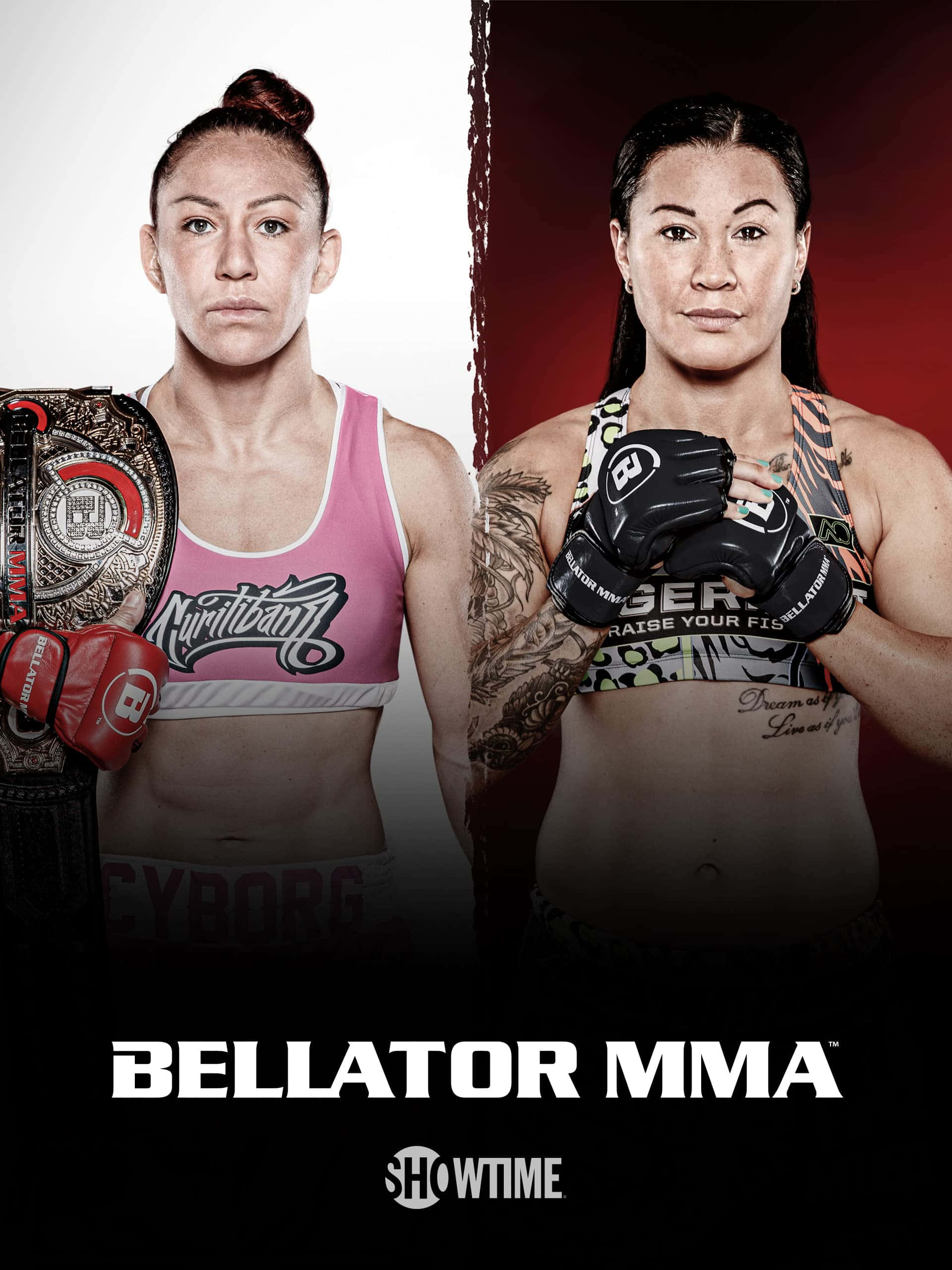 克莉絲·西伯格，Bellator MMA中無可匹敵的綜合格鬥力量 壁紙 — 兩位兇猛嘅女MMA拳手喺分屏宣傳海報中對峙，一個拎住冠軍腰帶，另一個有紋身手臂同手套。