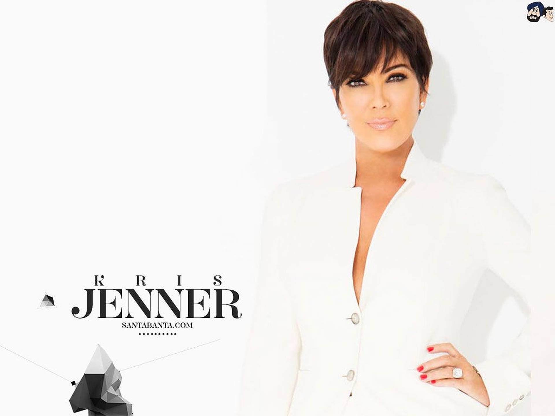 Kris Jenner 身穿白色西裝外套，搭配幾何標誌拍攝工作室肖像。