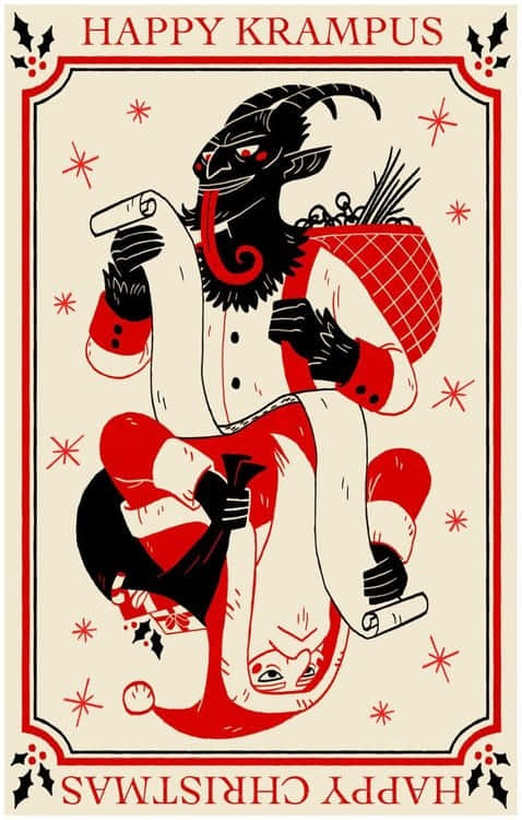 身穿紅白節日服裝的Krampus拿著一個袋子和一卷卷軸。