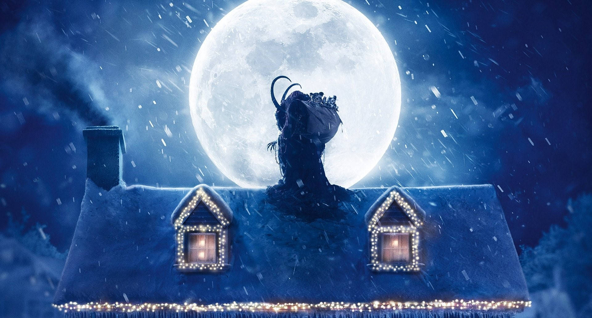 在滿月下，雪夜中，一間舒適的被雪覆蓋的房子，散發著溫暖的燈光。