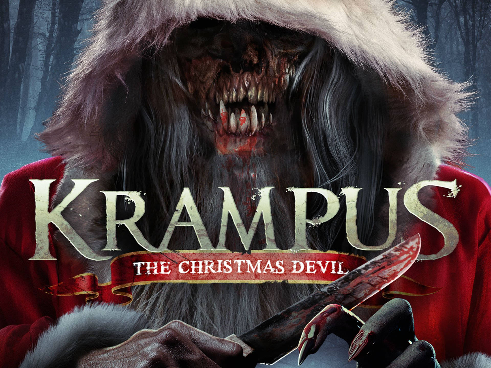 聖誕惡魔Krampus在黑暗的森林中拿著一把血淋淋的刀。