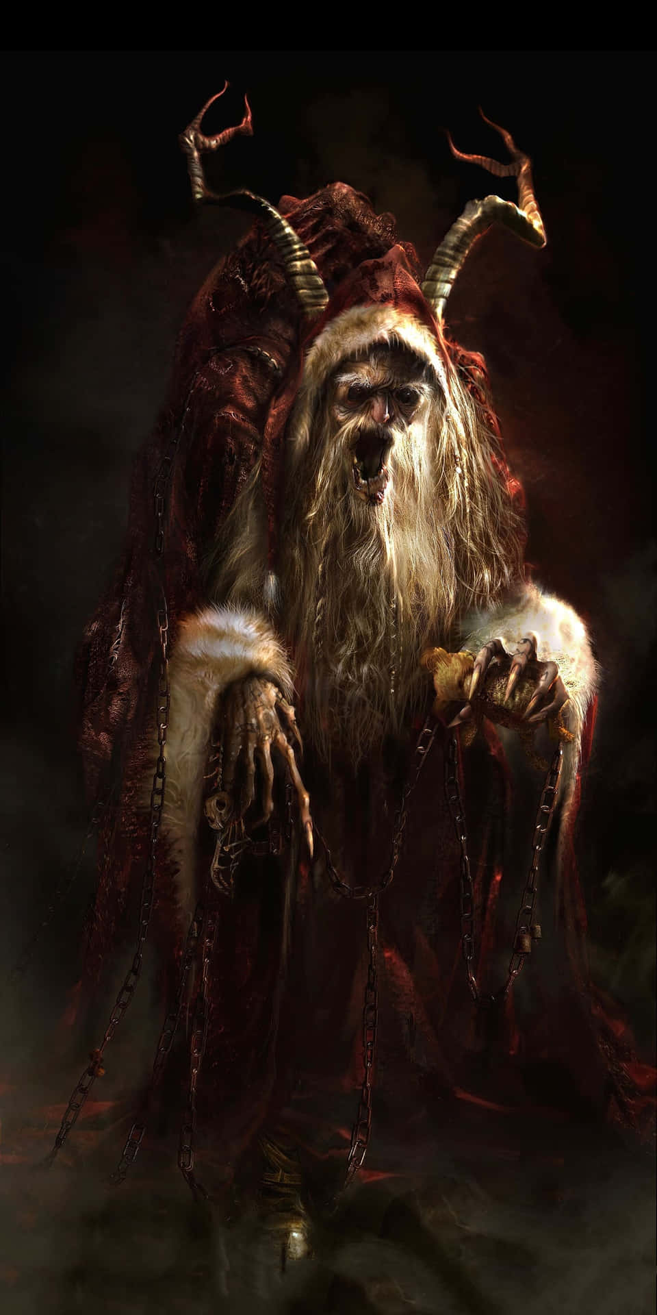 在黑暗環境中帶有角和鎖鏈的惡魔形象。