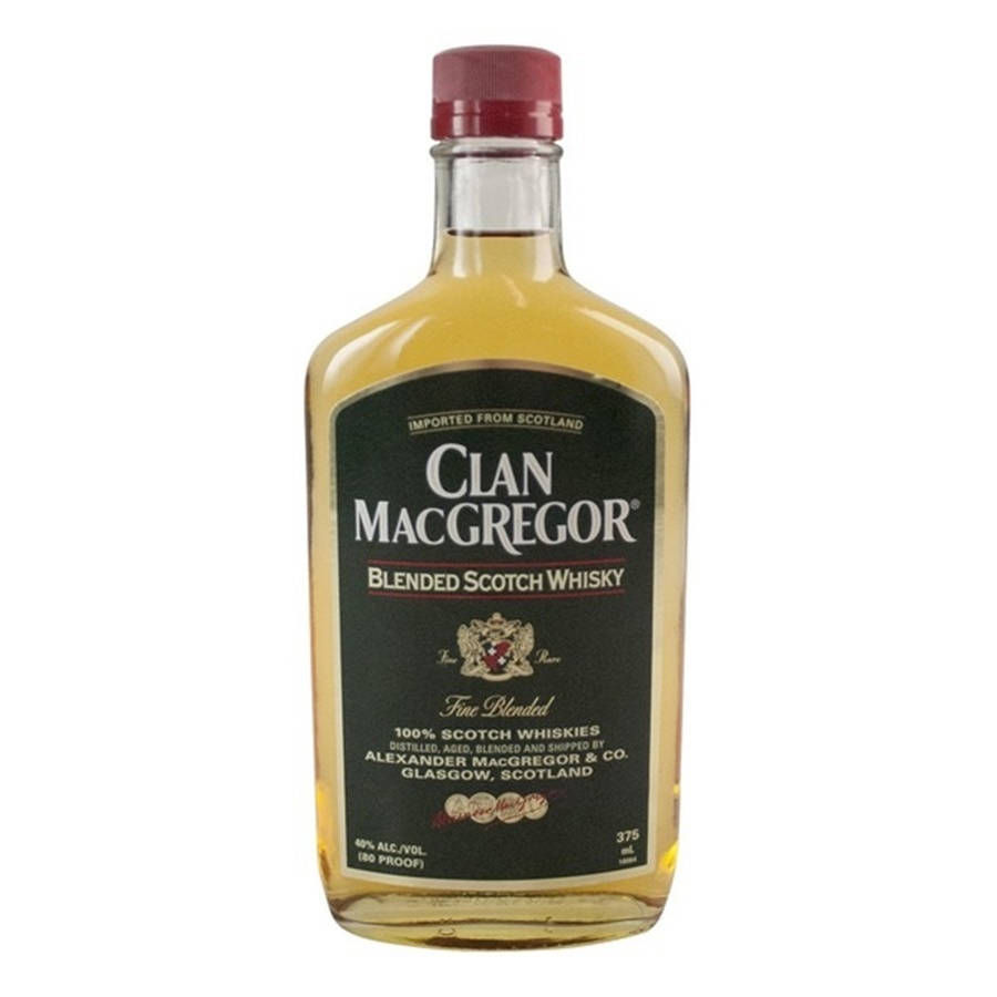 Clan MacGregor調和蘇格蘭威士忌瓶，帶有紅色瓶蓋和黑色標籤。