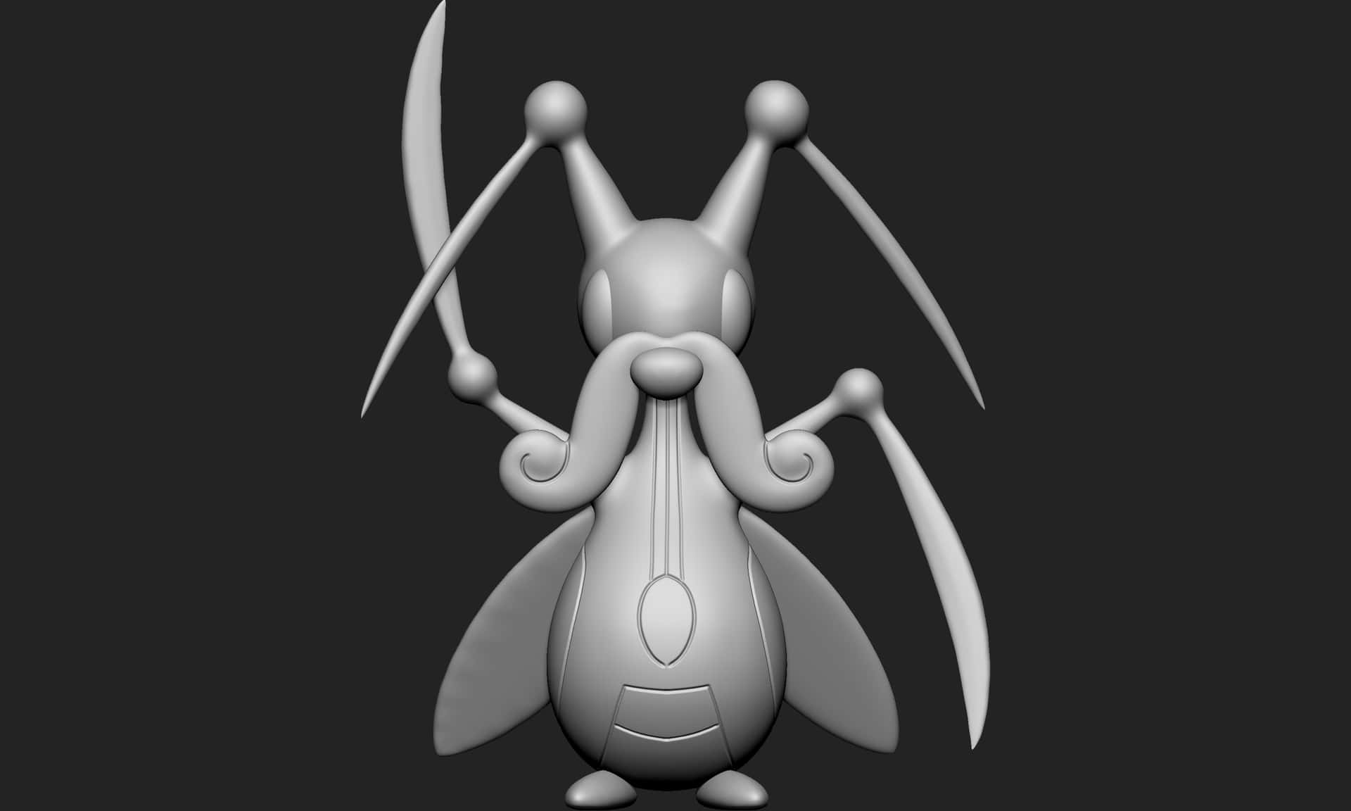 克里克圖恩寶可夢灰色3D模型 壁紙 — 一個單色3D渲染模型，描繪一個風格化的昆蟲狀生物，帶有長彎曲的刀片和觸角，背景為深色。