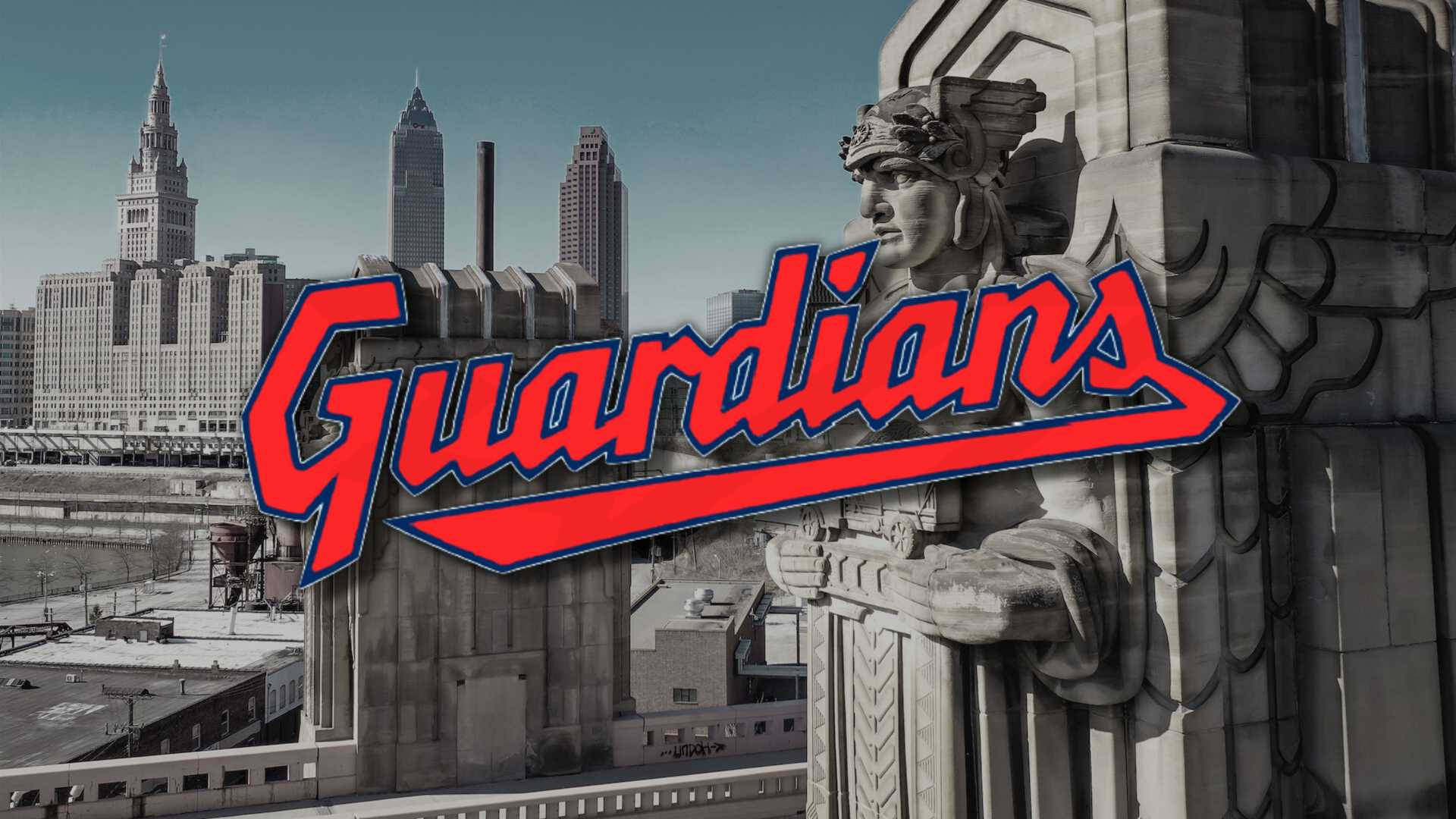 克里夫蘭守護者字體標誌雕像 壁紙 — 大膽的紅色Guardians標誌疊加在復古城市景觀上，其中有石頭守護者雕像和積雪的摩天大樓。