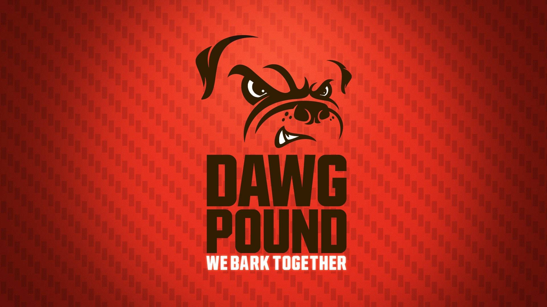 兇猛的鬥牛犬標誌，文字「DAWG POUND WE BARK TOGETHER」，紅色紋理背景