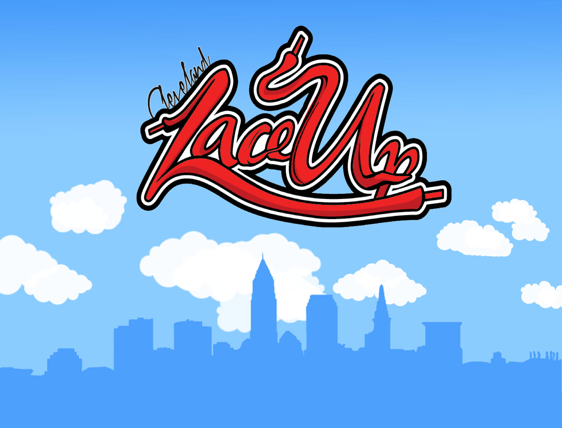 紅色「Lace Up」標誌和運動鞋鞋帶在藍色城市天際線和雲朵上方。