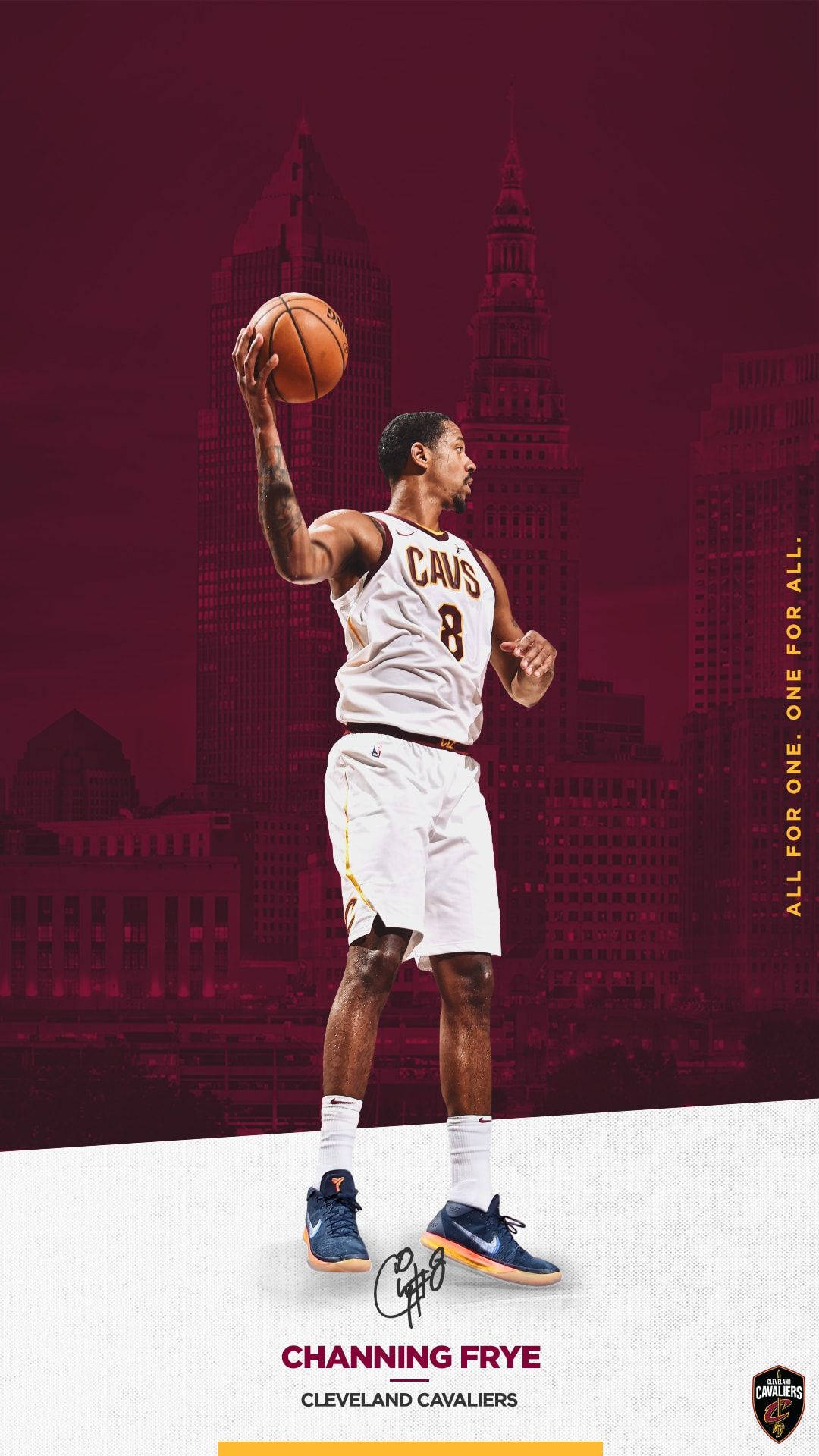 克里夫蘭騎士隊 Channing Frye 壁紙 — 一名身穿白色Cavs球衣的籃球運動員準備在栗色城市天際線背景下投籃。