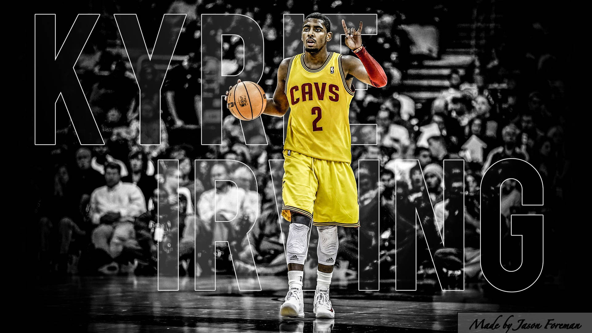 Kyrie Irving 身穿黃色騎士隊球衣，在比賽中運球，背景有群眾。