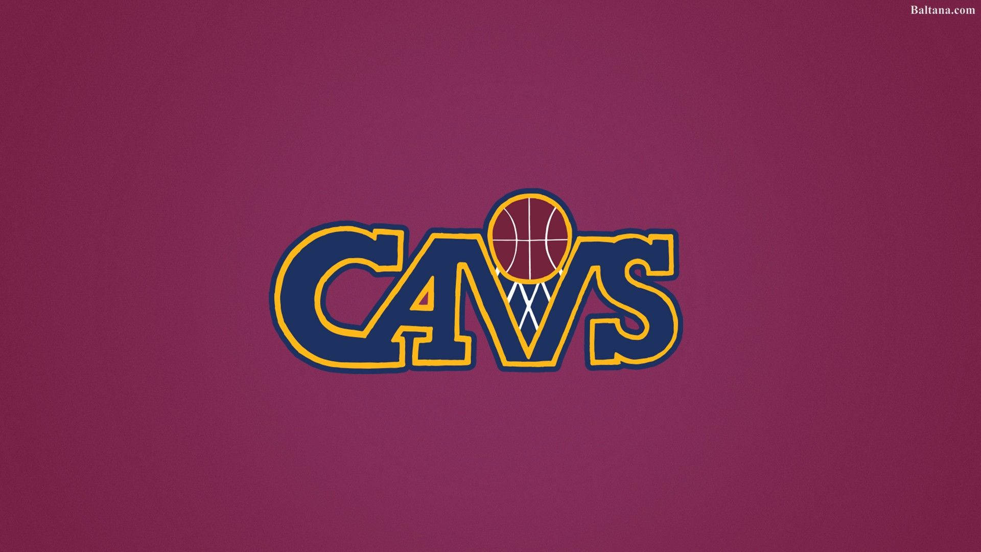克里夫蘭騎士隊 環形標誌 壁紙 — 大膽的藍色和金色 'CAVS' 標誌，籃球在網中，居中於純栗色背景上。