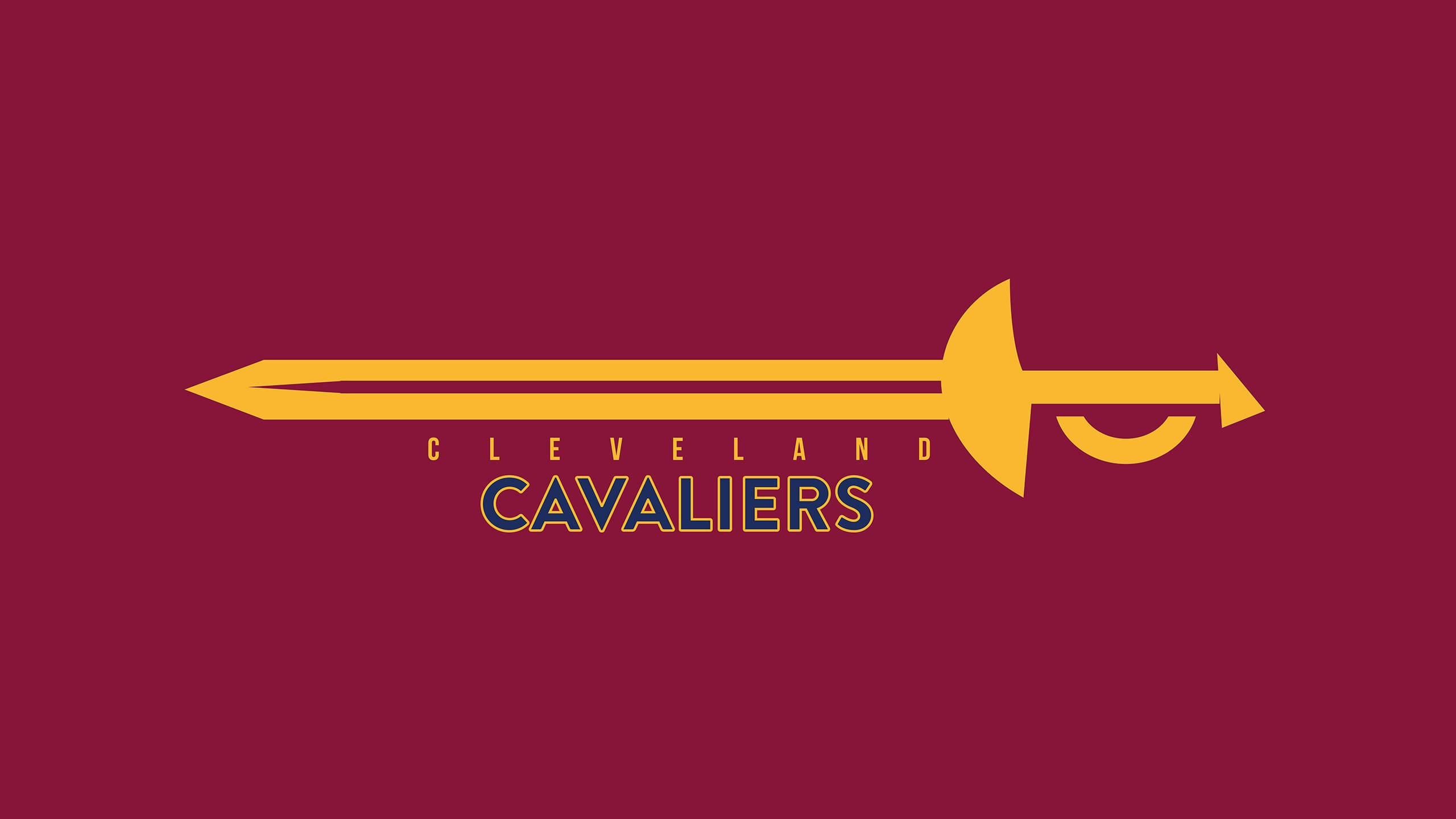 克里夫蘭騎士隊 經典劍標誌 壁紙 — 一個大膽的金色劍標誌，中央有 'Cleveland Cavaliers' 文字，置於純栗色背景上。