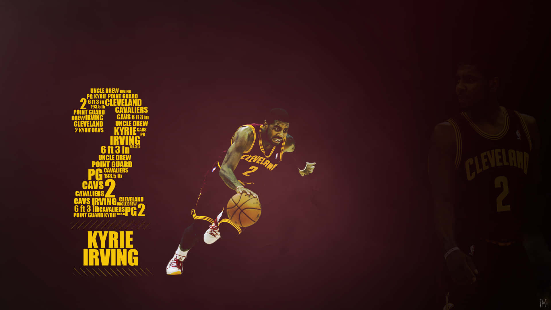 Kyrie Irving 身穿克里夫蘭騎士隊球衣的動作，文字藝術形成他的剪影。