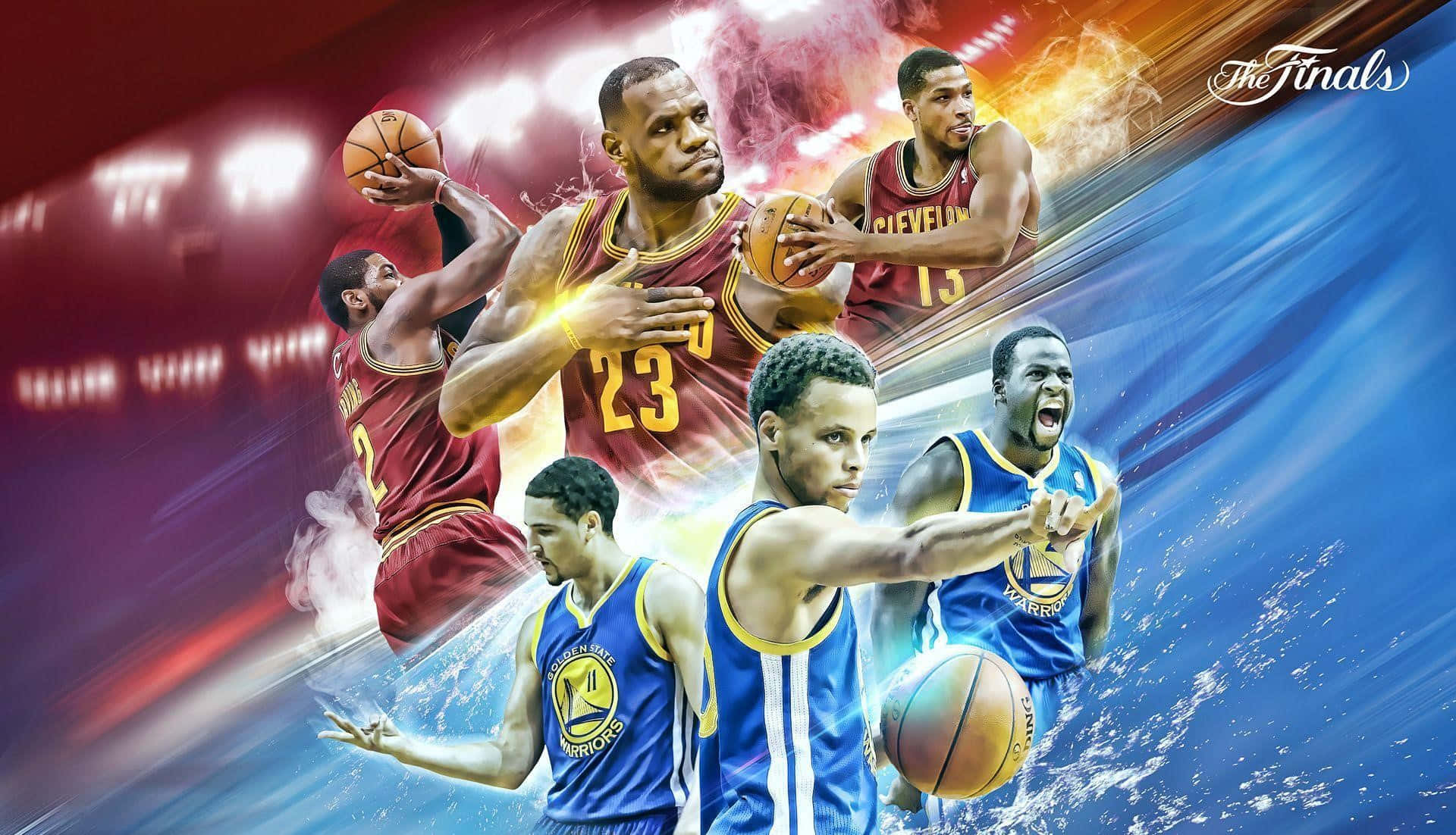 克里夫蘭騎士隊對戰金州勇士隊最出色的籃球背景 壁紙 — NBA球星在火紅和電藍色背景上以動作姿勢組成的動態拼貼，帶有'The Finals'文字。