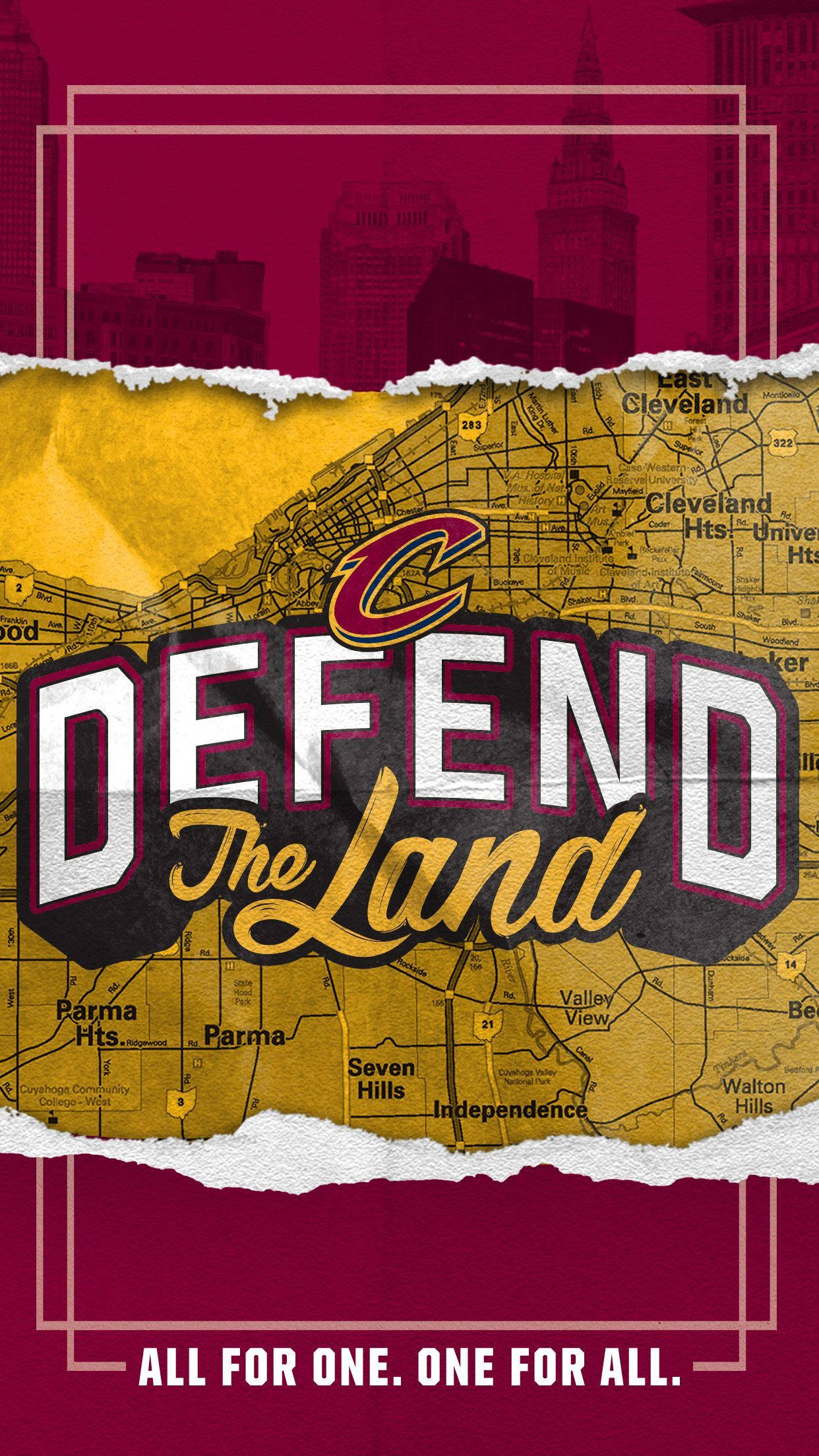 克里夫蘭騎士隊賽場奮戰瞬間 壁紙 — 大膽的「DEFEND The Land」文字疊加在克利夫蘭的撕裂地圖上，城市天際線以栗色和金色呈現。