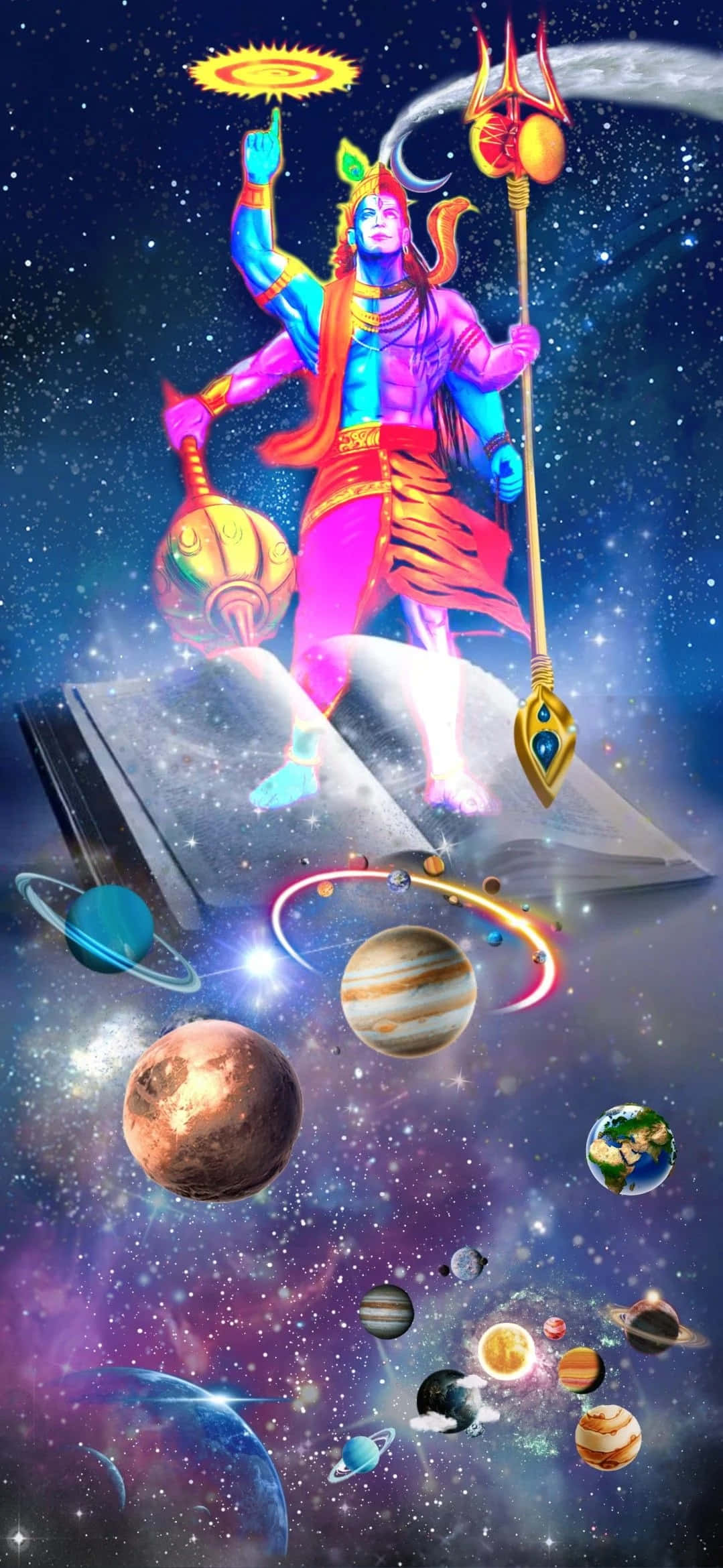 克里希那，印度教的慈悲與愛之神 壁紙 — 一位多臂的宇宙神祇站在一本打開的書上，周圍是行星和星星，處於充滿活力的星系中。