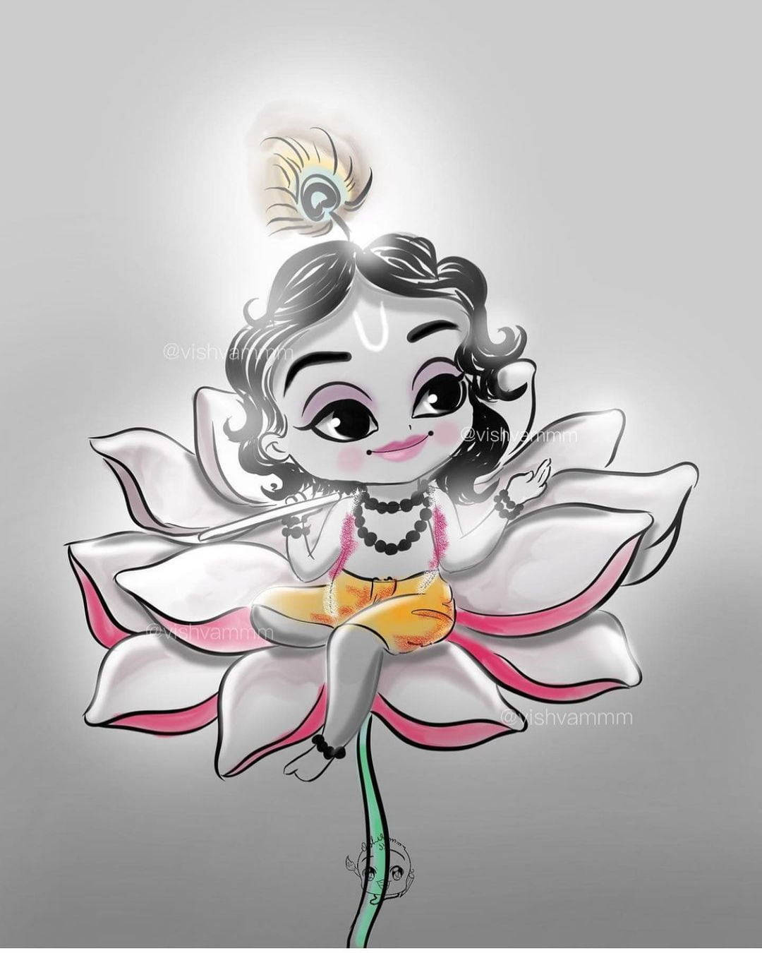 克里希那灰調藝術高畫質 壁紙 — 一個可愛的插圖嬰兒克里希納，頭戴孔雀羽毛，微笑著坐在粉紅色和白色的蓮花上。