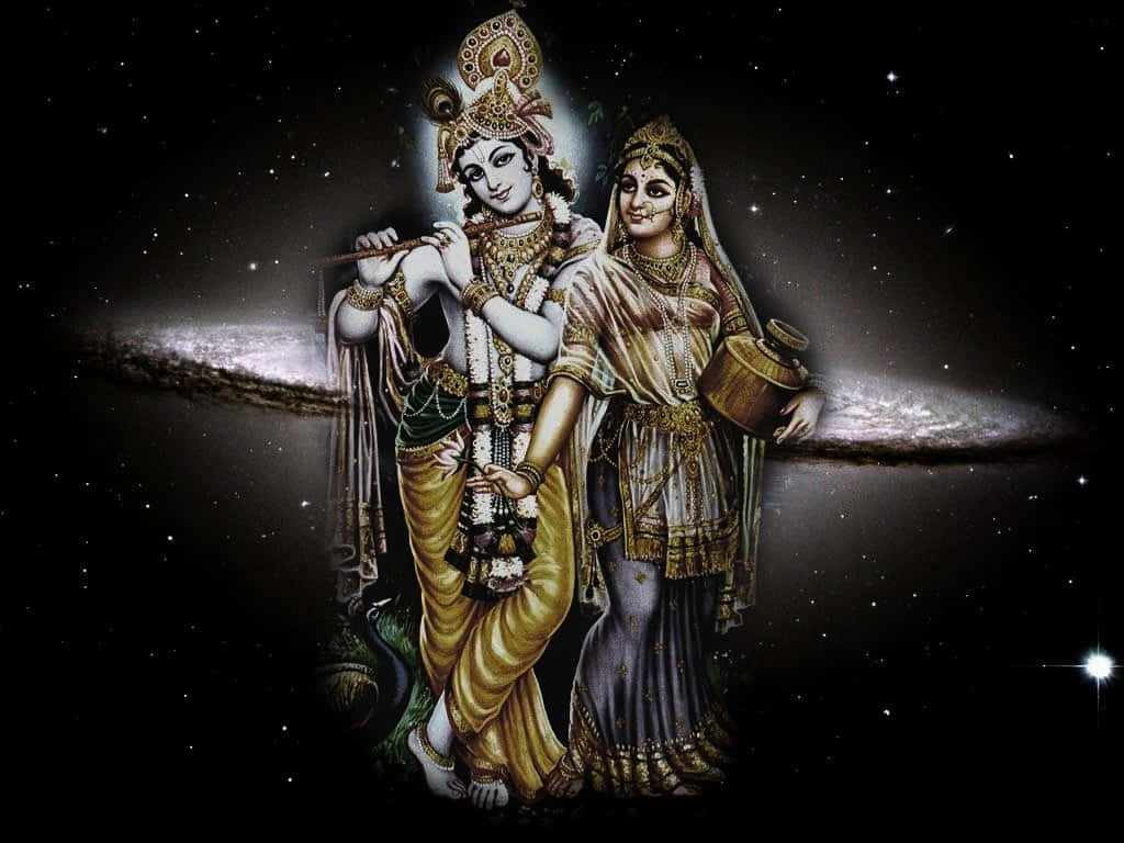 克里希納和拉妲身著神聖服飾，站在星空宇宙背景前，背景有發光的銀河。