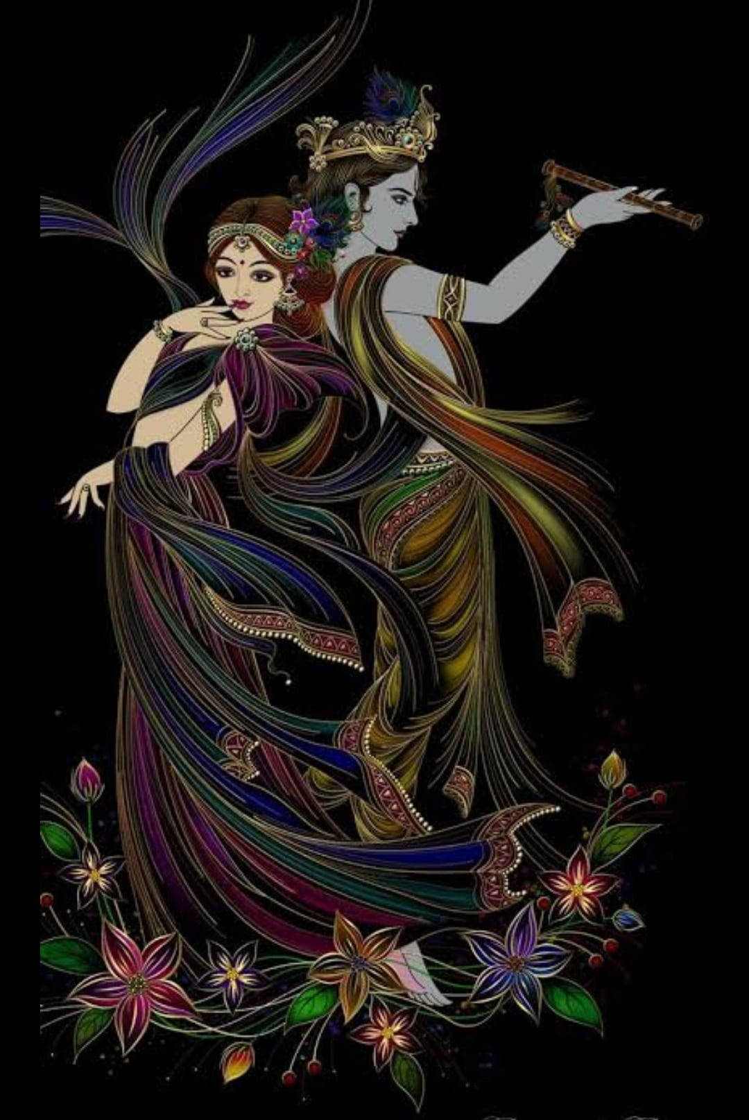 兩個神話舞者穿著華麗服裝，帶有飄逸布料和花卉圖案，背景為黑色。