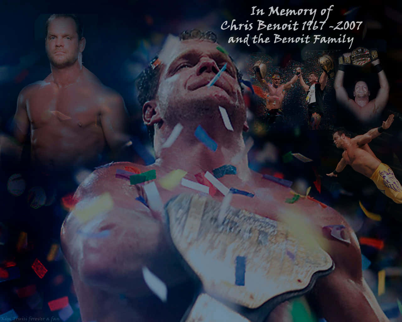 克里斯·本奧特紀念圖像設計 壁紙 — 向摔角手 Chris Benoit 致敬的拼貼畫，展示了他的勝利時刻以及在飄落的五彩紙屑中的莊嚴悼念文字。