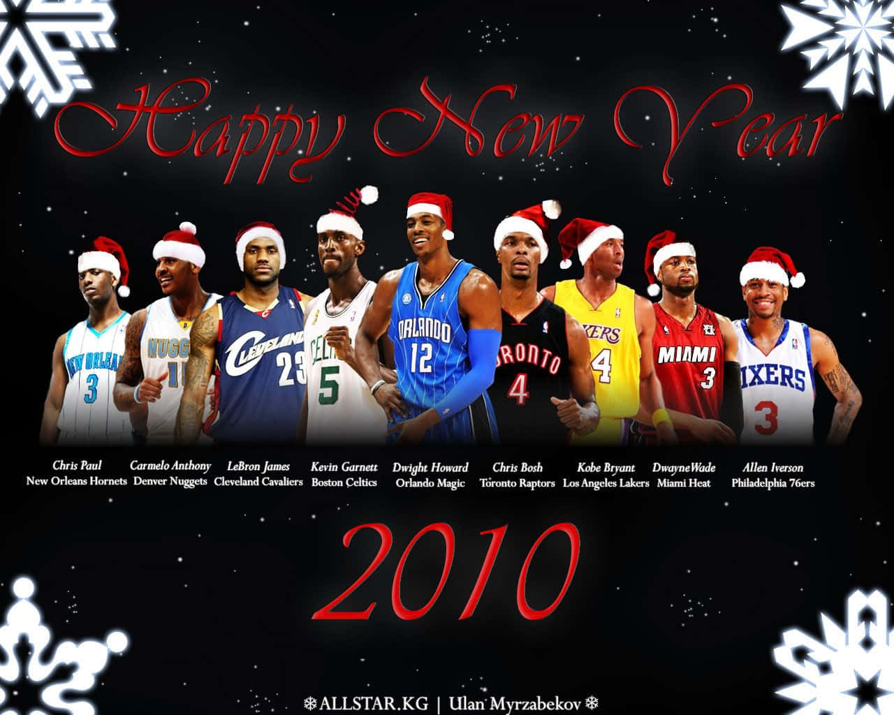 克里斯·波什2010年新年快樂海報 壁紙 — 九位NBA籃球運動員身穿球隊球衣，戴著紅白相間的聖誕帽，背景是星空黑色，並有紅色字體的「Happy New Year 2010」。