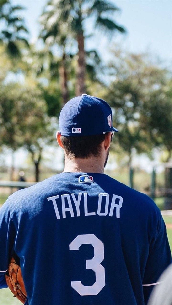 身穿藍色球衣、印有Taylor名字和3號的棒球運動員手持手套。 — 運動 壁紙