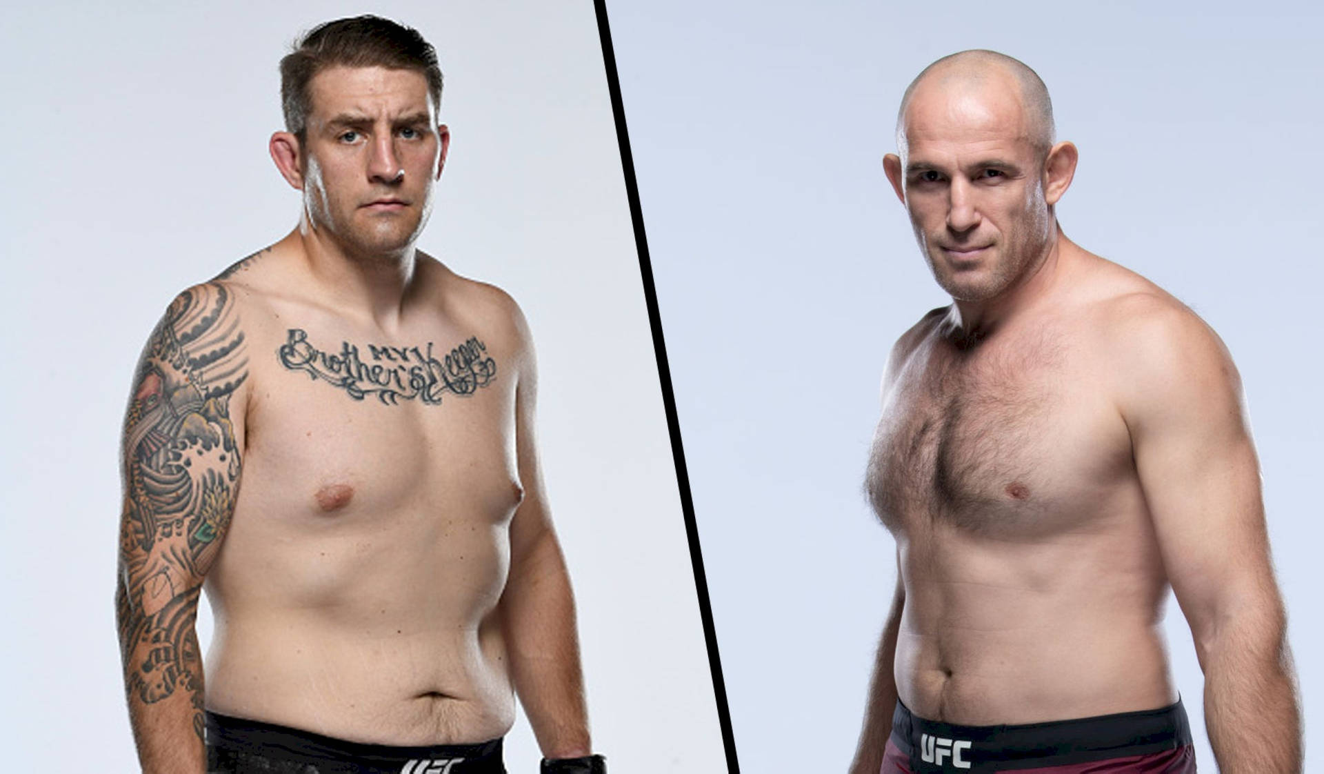 兩位赤裸上身的男性UFC拳手在攝影棚中嚴肅擺姿勢