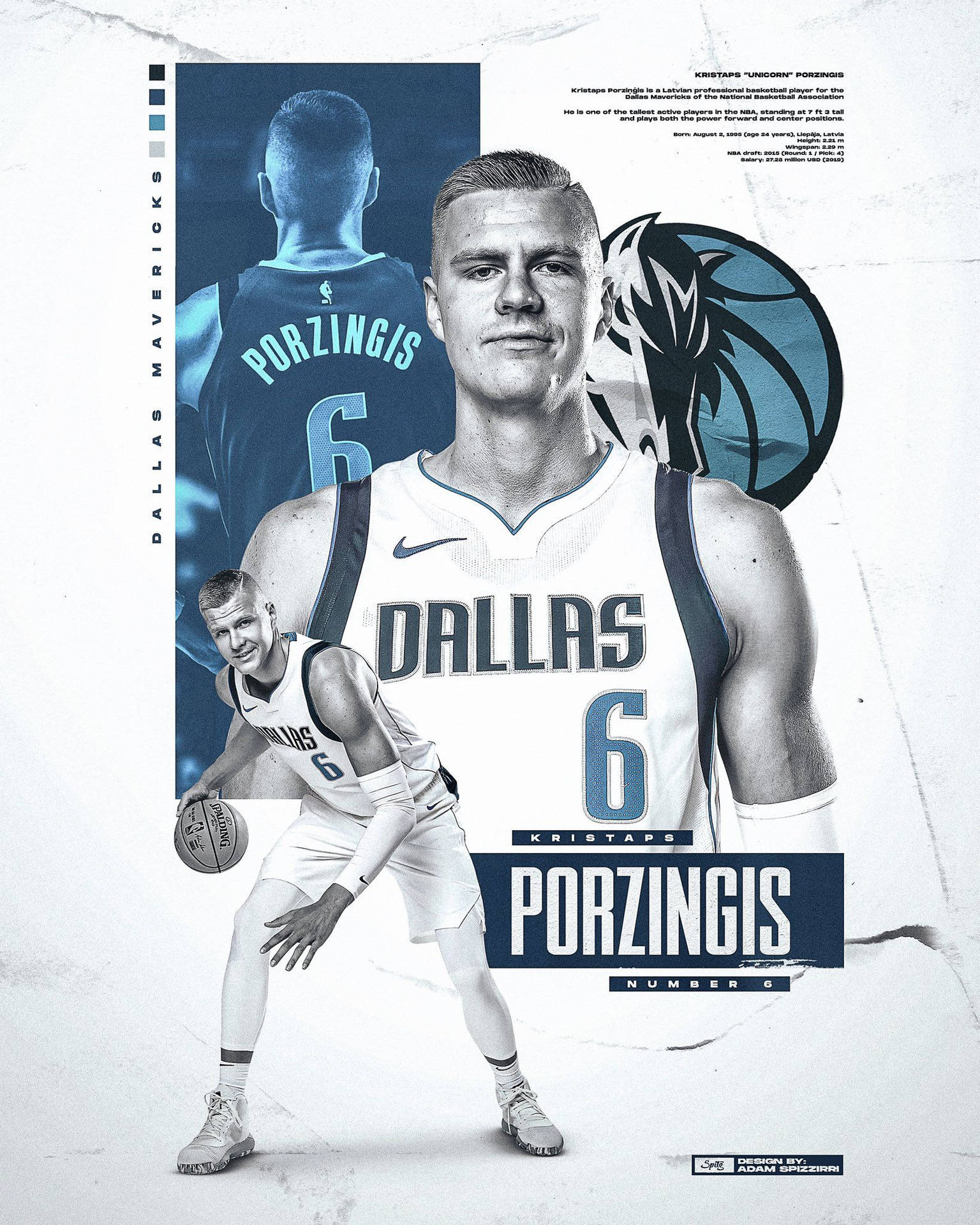 Kristaps Porzingis 達拉斯獨行俠籃球運動員肖像，附有球隊標誌和動作鏡頭。