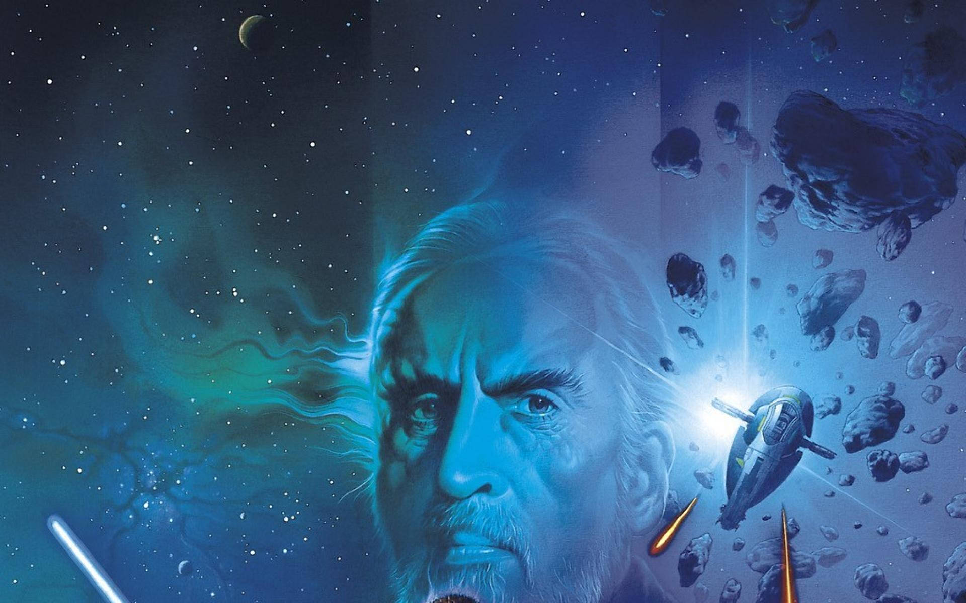 一個男人的臉疊加在一艘飛越星場和小行星的太空船上。