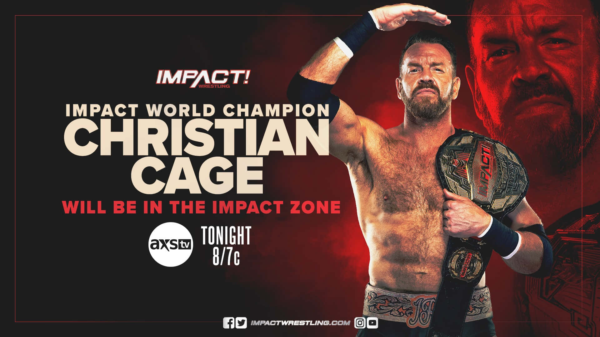 摔角手 Christian Cage 在 Impact Wrestling 宣傳海報中手持冠軍腰帶。