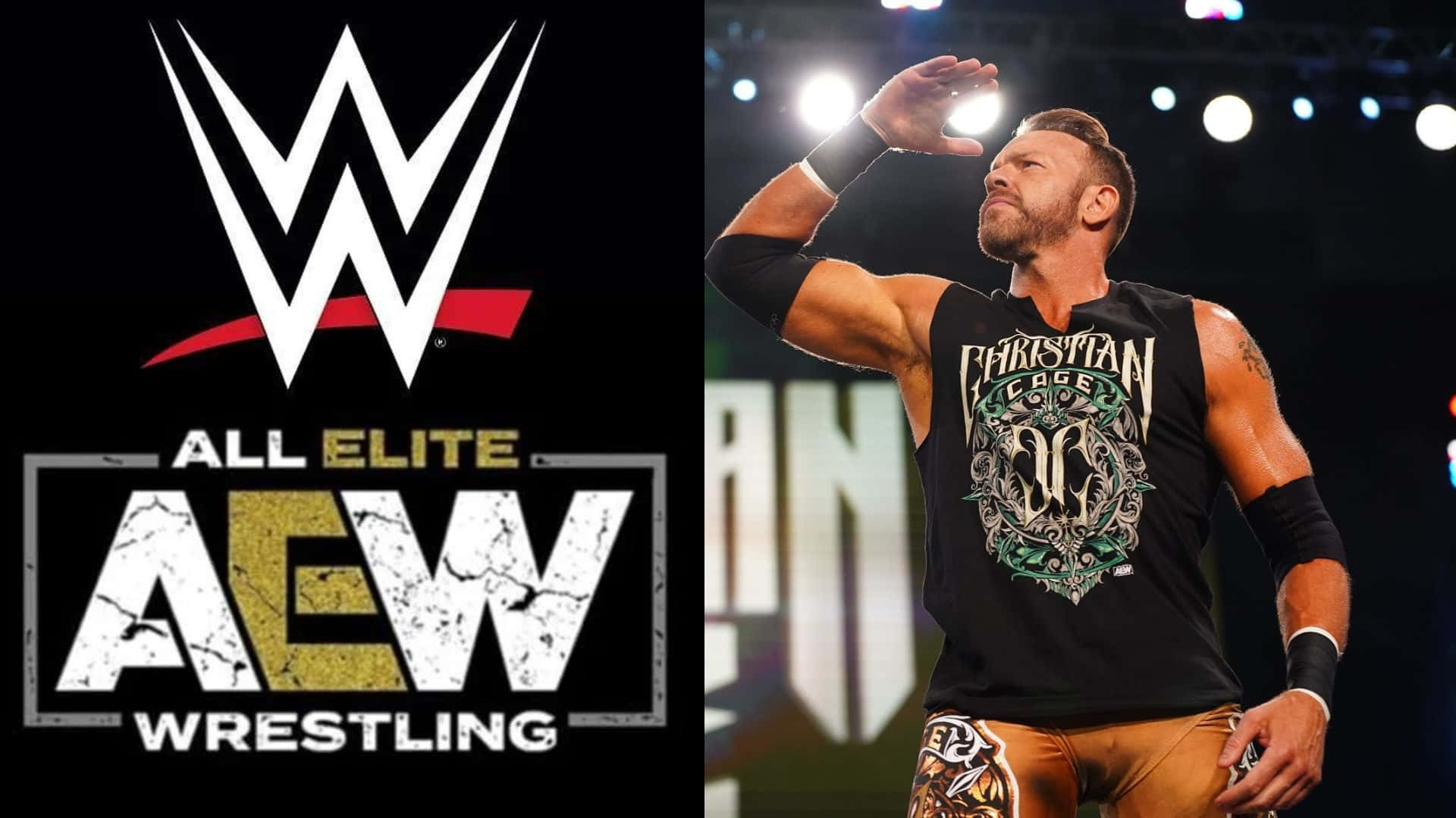 摔角手 Christian Cage 在 WWE 和 AEW 標誌旁邊向人群揮手。