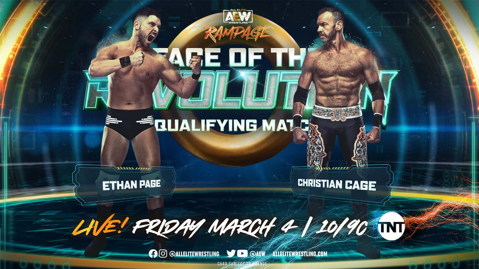 兩位摔角手 Ethan Page 和 Christian Cage 在霓虹燈照亮下的摔角擂台上對決，為 AEW Rampage 賽事。