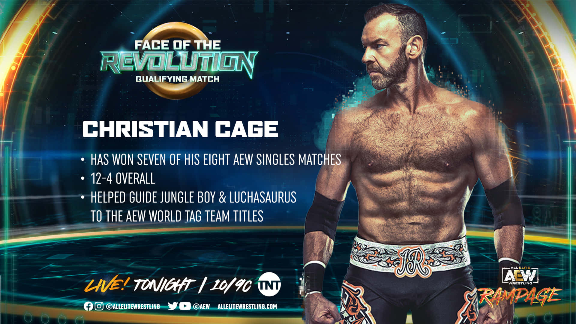 摔角手 Christian Cage 在霓虹燈照亮的場館中，附有 AEW Rampage 活動詳情。
