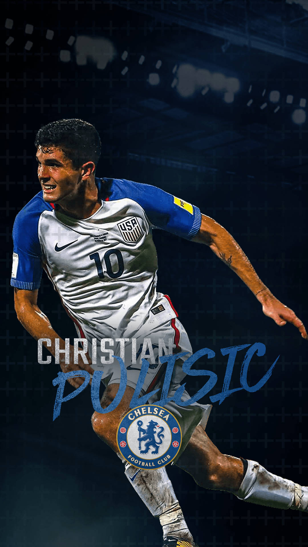 足球運動員Christian Pulisic在體育場燈光下身穿車路士球衣移動。
