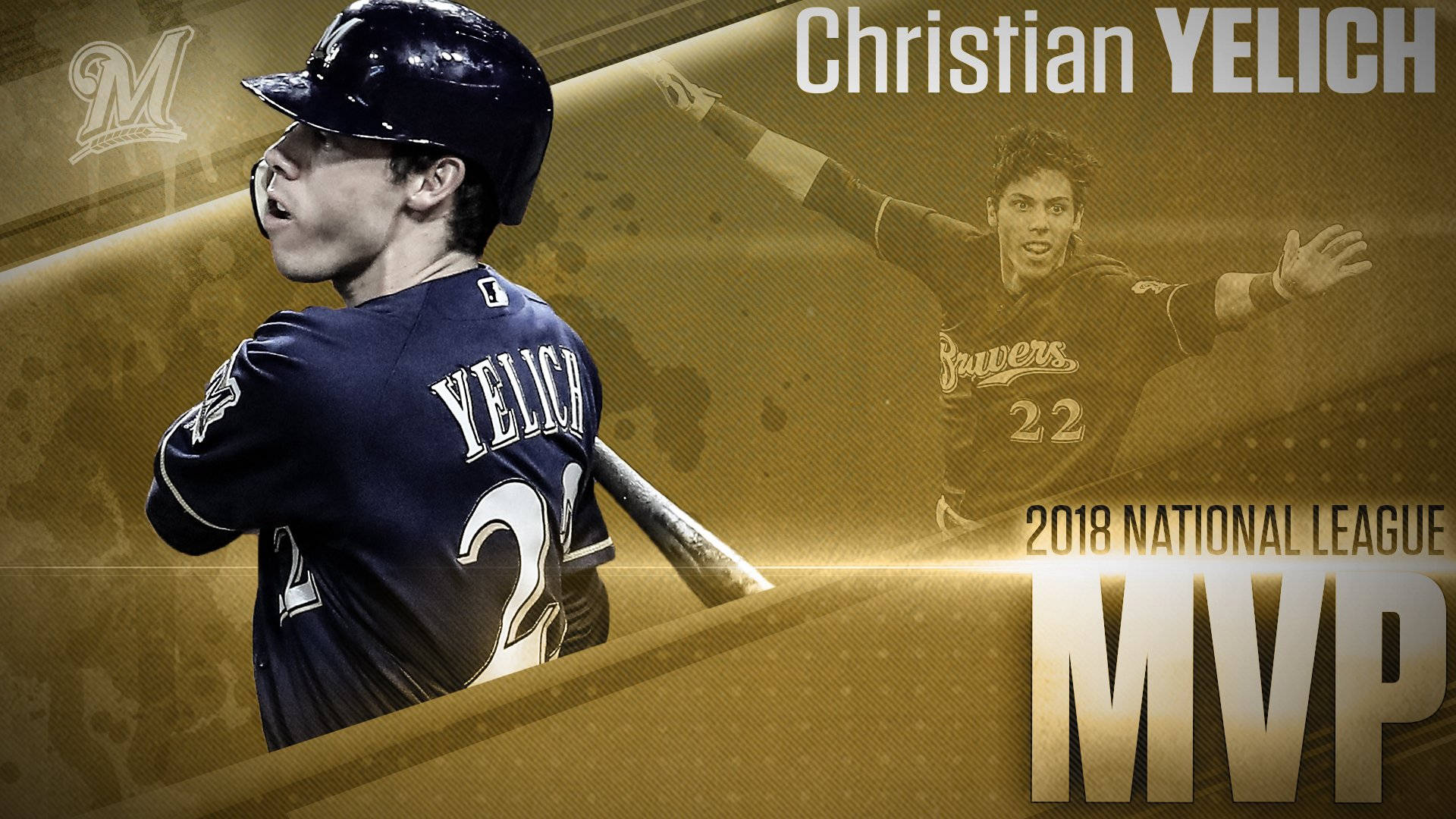 克里斯蒂安·耶利奇 MVP海報 壁紙 — 棒球選手 Christian Yelich 身穿密爾沃基釀酒人隊制服，在金色紋理背景前慶祝成為 2018 年國家聯盟 MVP。