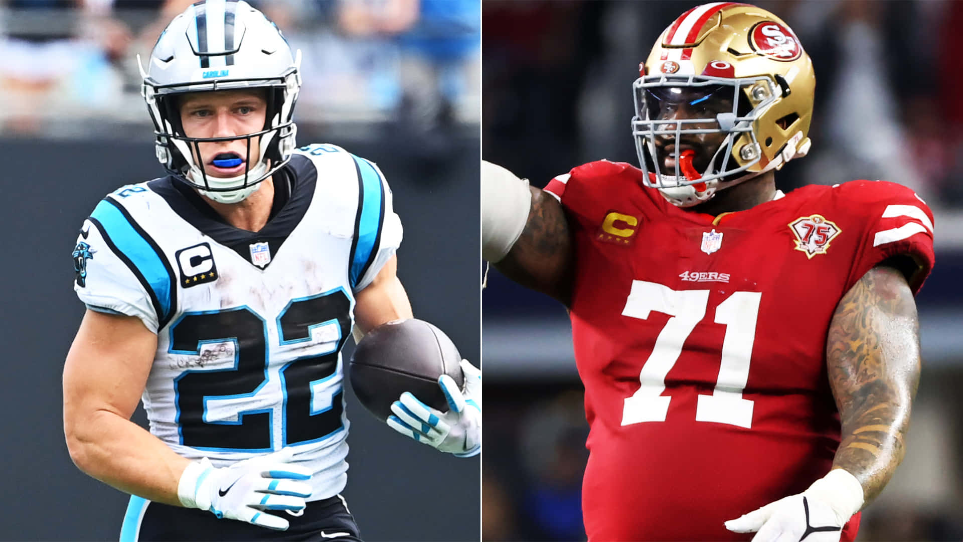 兩名NFL美式足球運動員在比賽中，一名持球，另一名慶祝。