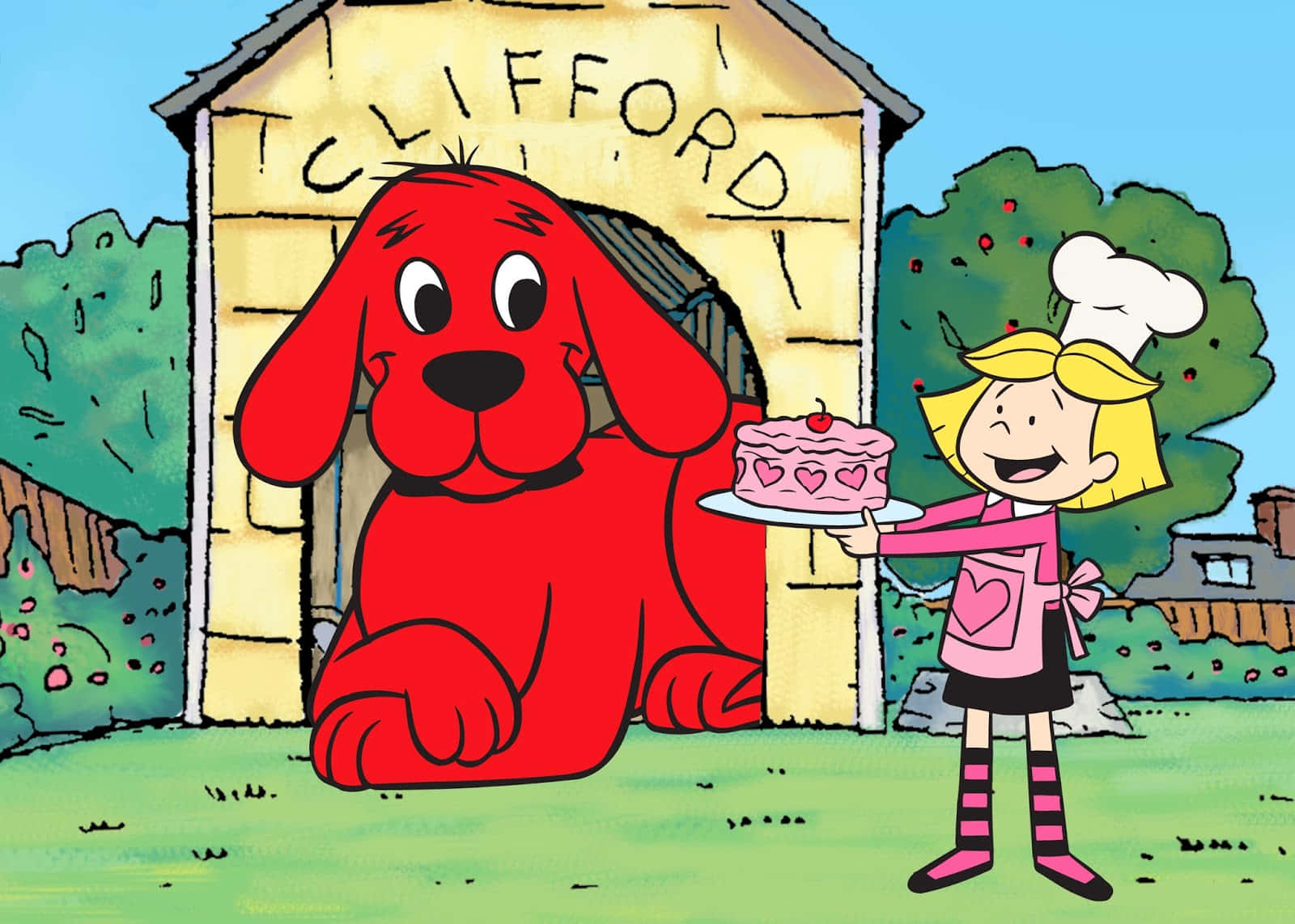 戴廚師帽的女孩在戶外向巨型紅狗Clifford遞上蛋糕。