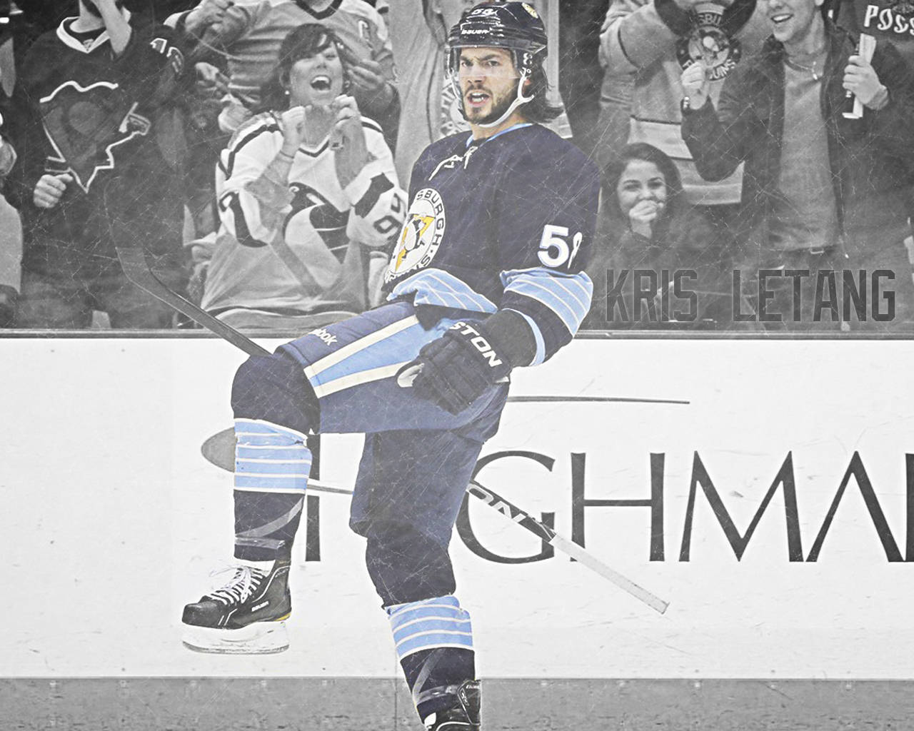 克里絲·萊唐 NHL 勝利時刻 壁紙 — 冰球運動員 Kris Letang 身穿藍白球衣在冰上慶祝，背景有球迷歡呼。
