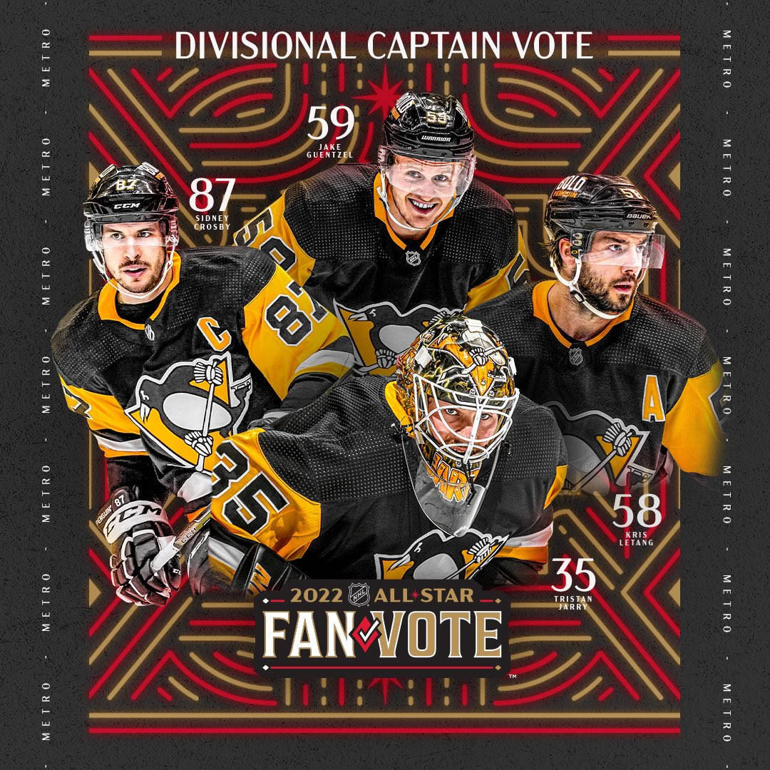 克里絲·萊唐 NHL 球迷投票 壁紙 — 四名身穿黑色和金色球衣的匹茲堡企鵝冰球運動員在幾何紅色、金色和黑色背景前動態擺姿勢，並顯示球迷投票分數。