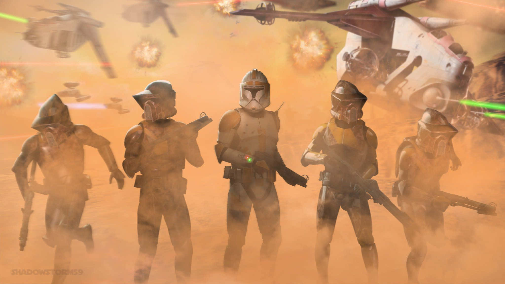 Geonosis 桌布 壁紙 — 克隆人部隊在塵土飛揚的戰場上前進，星際戰鬥機在頭頂混亂的橙色霧霾中爆炸。
